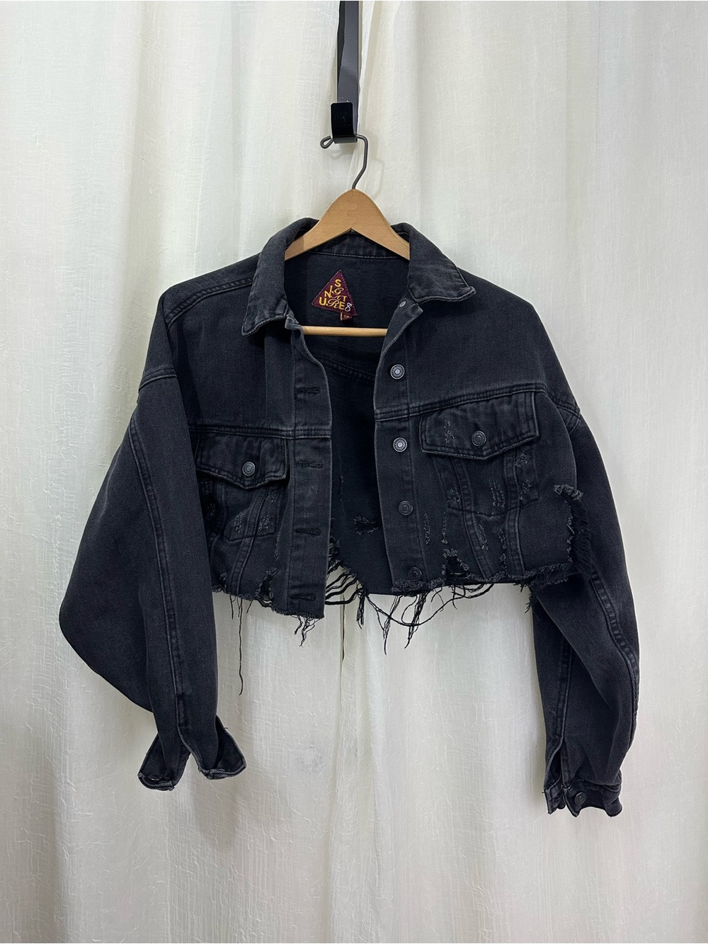 Signature8 Black Distressed Cropped Jean Jacket Size Small Grunge Festival
